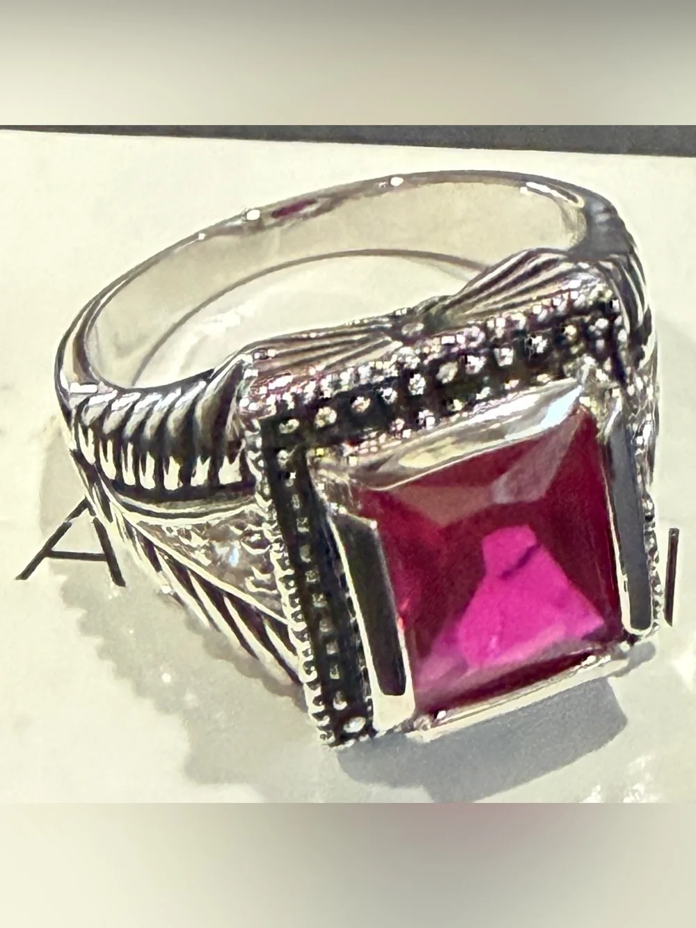 Avon Women’s CZ Sterling Silver Vintage-Style Pink Red Gemstone Statement Ring